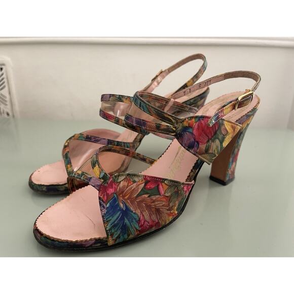 VTG 1950s Amano Floral Block Sandal Heels Sz 5 Beach Pool Summer Open Toe Fabric - Picture 1 of 12
